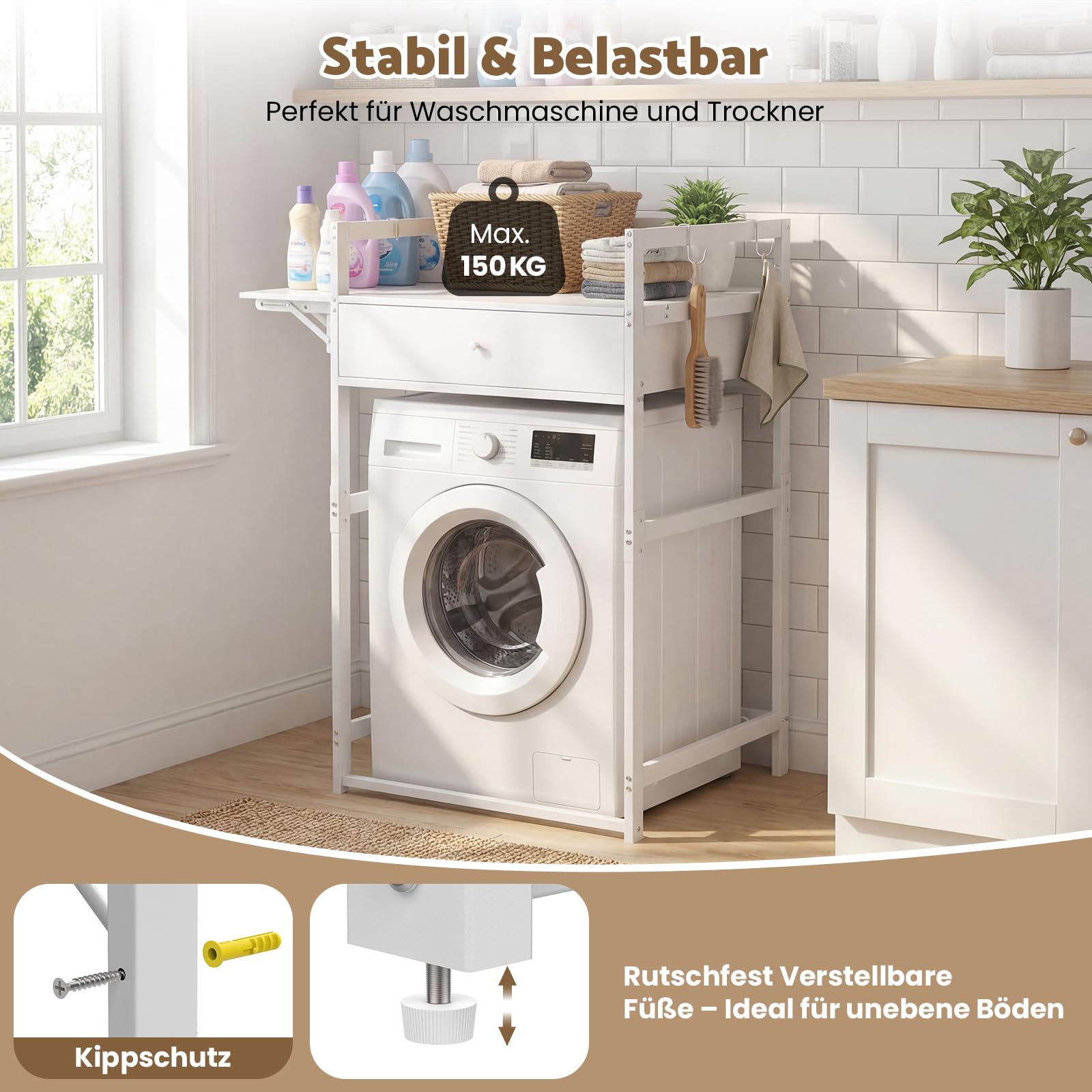 Waschmaschinenregal mit Schublade bis 150kg, stabiler Metallschrank für Waschmaschine und Trockner