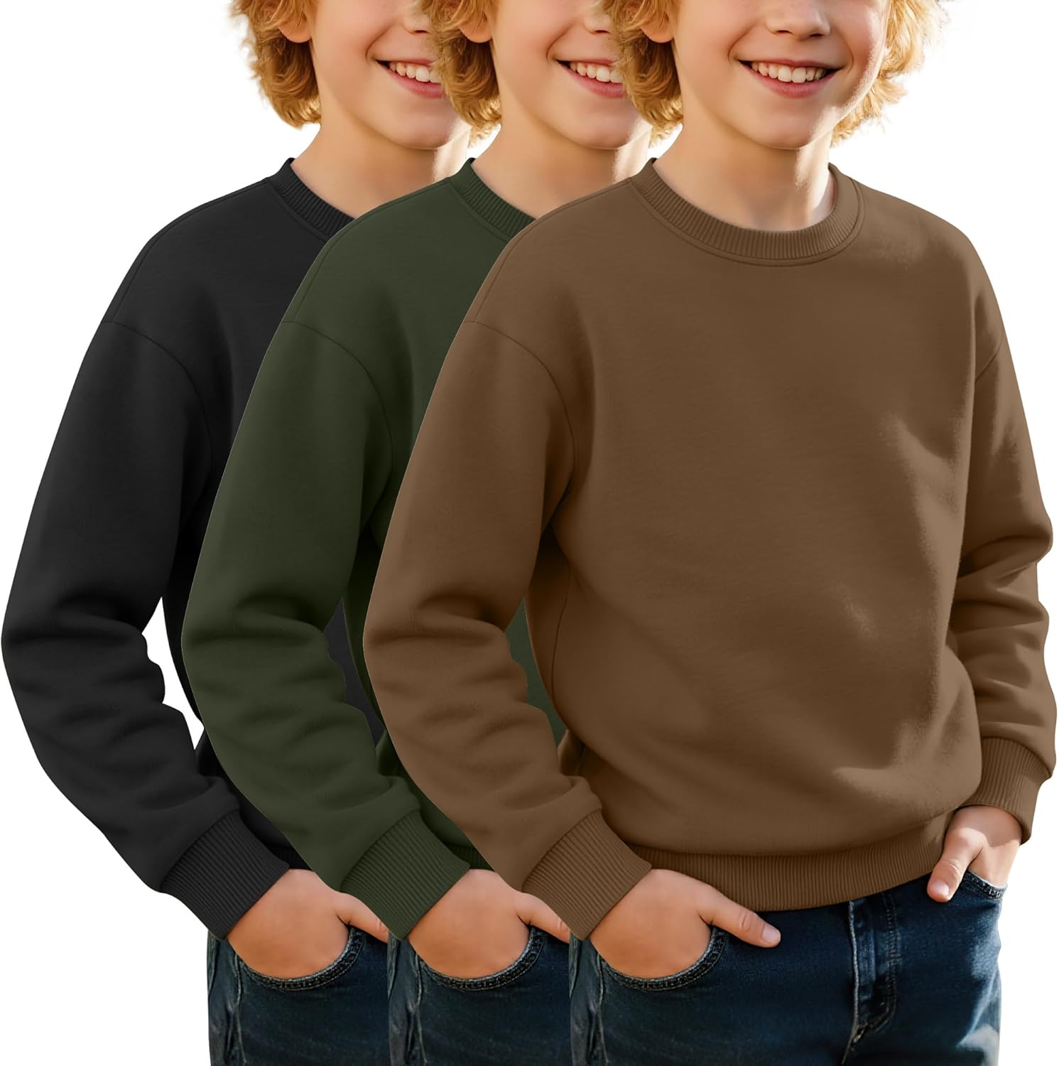 3 Pack Boys Crew Neck Sweatshirt Kids Lightweight Long Sleeve Relaxed Pullover Youth Basic Spring Sweatshirt