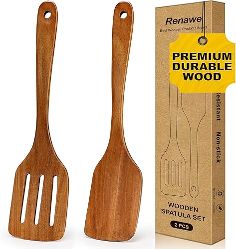 Espátula de madera de acacia de 12 pulgadas para utensilios de cocina, espátulas ranuradas, las mejores espátulas no tóxicas antiadherentes de