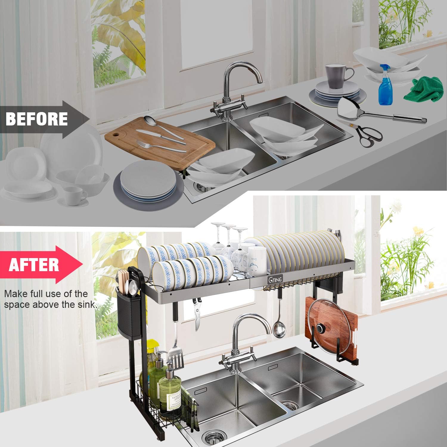 Onе-Dау Sаlе: Uр tо 40% оƒƒ Over the Sink Dish Drying Rack, G-TING Expandable Dish Drying Rack 27.5”- 33.5”, Large Dish Drainer Shelf with Utensil Holder, Over Sink Kitchen Stainless Steel Storage Rack Space Saver Display Stand