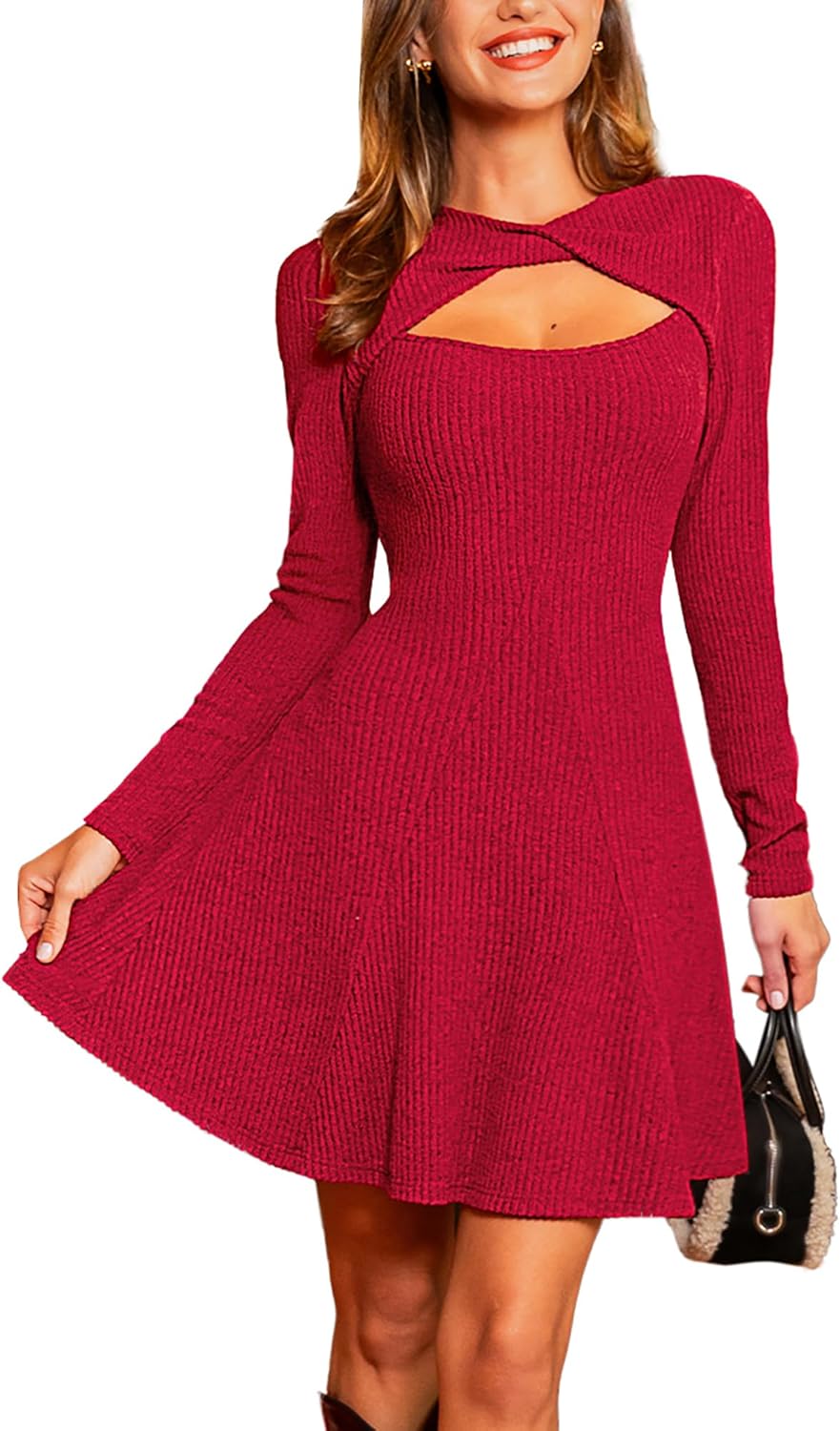 CUPSHE Womens Fall Dresses Long Sleeve High Neck Cutout Knit Christmas Outfit Knit Party Dress