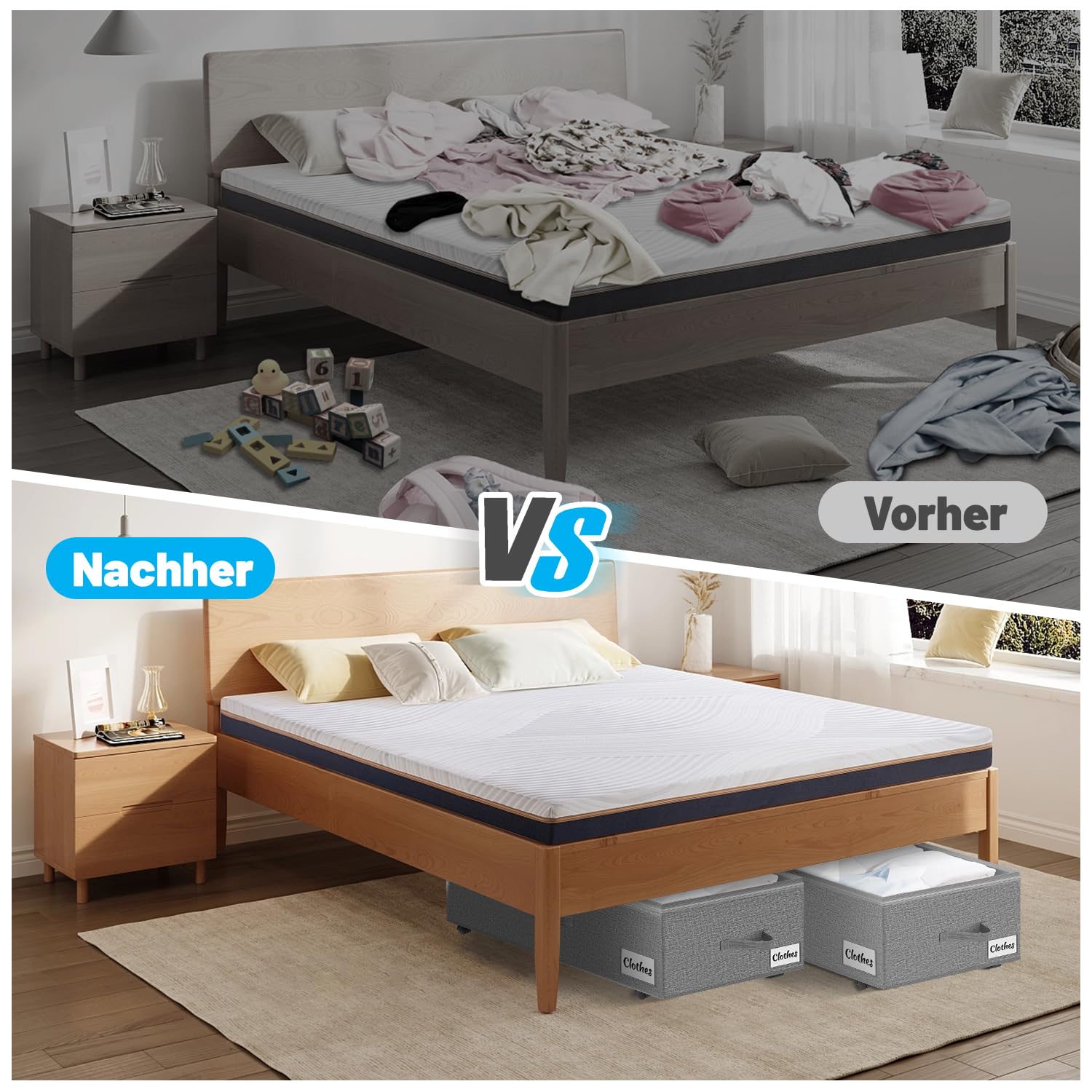 Cassettiera sotto il letto con ruote, rotazione a 360°, 2 pezzi, XXL, 60 l, con coperchio trasparente, montaggio rapido, per coperte, vestiti, scarpe e coperte, grigio