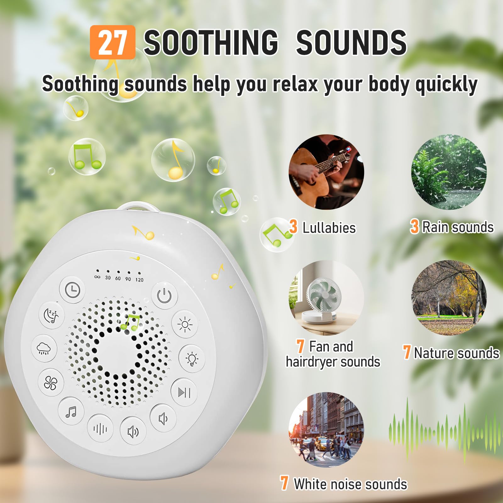 Journeyside Maquina Ruido Blanco Bebe, Máquina de Ruido Blanco Portátil con 27 Sonidos Relajantes, Luz Nocturna y Temporizador, Máquina de Ruido Blanco para Dormir para Adultos y Bebés
