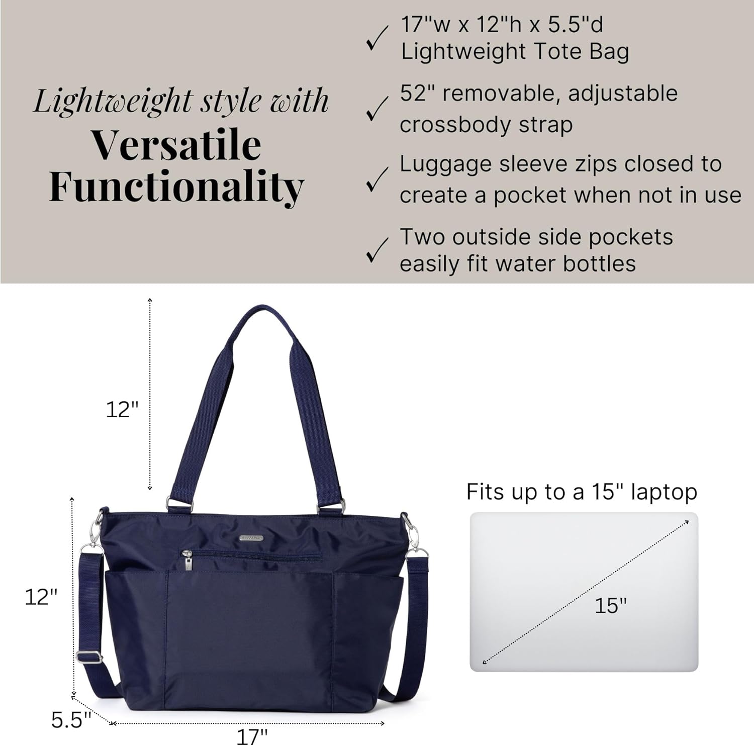 Baggallini Essential Laptop Tote - Work Tote Bag with Laptop Sleeve - Lightweight Travel Crossbody Shoulder Bag for Women - Image 4