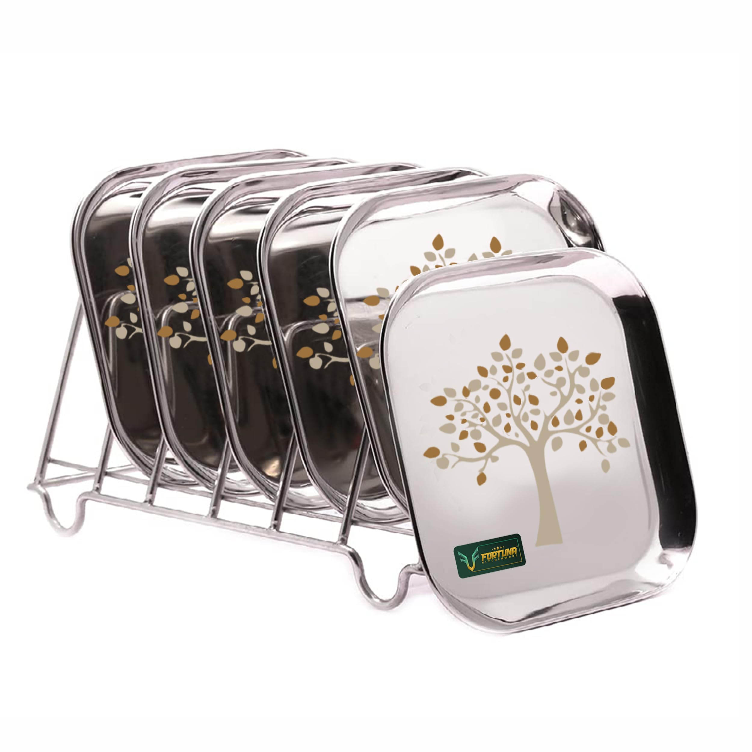 FORTUNA KITCHENWARE, Stainless Steel Plates Set of 6 | Square Plates | Breakfast/Lunch/Dinner Plates Set of 6, Diameter: 8 Inches (Plain) (9 Inches, Laser Print)