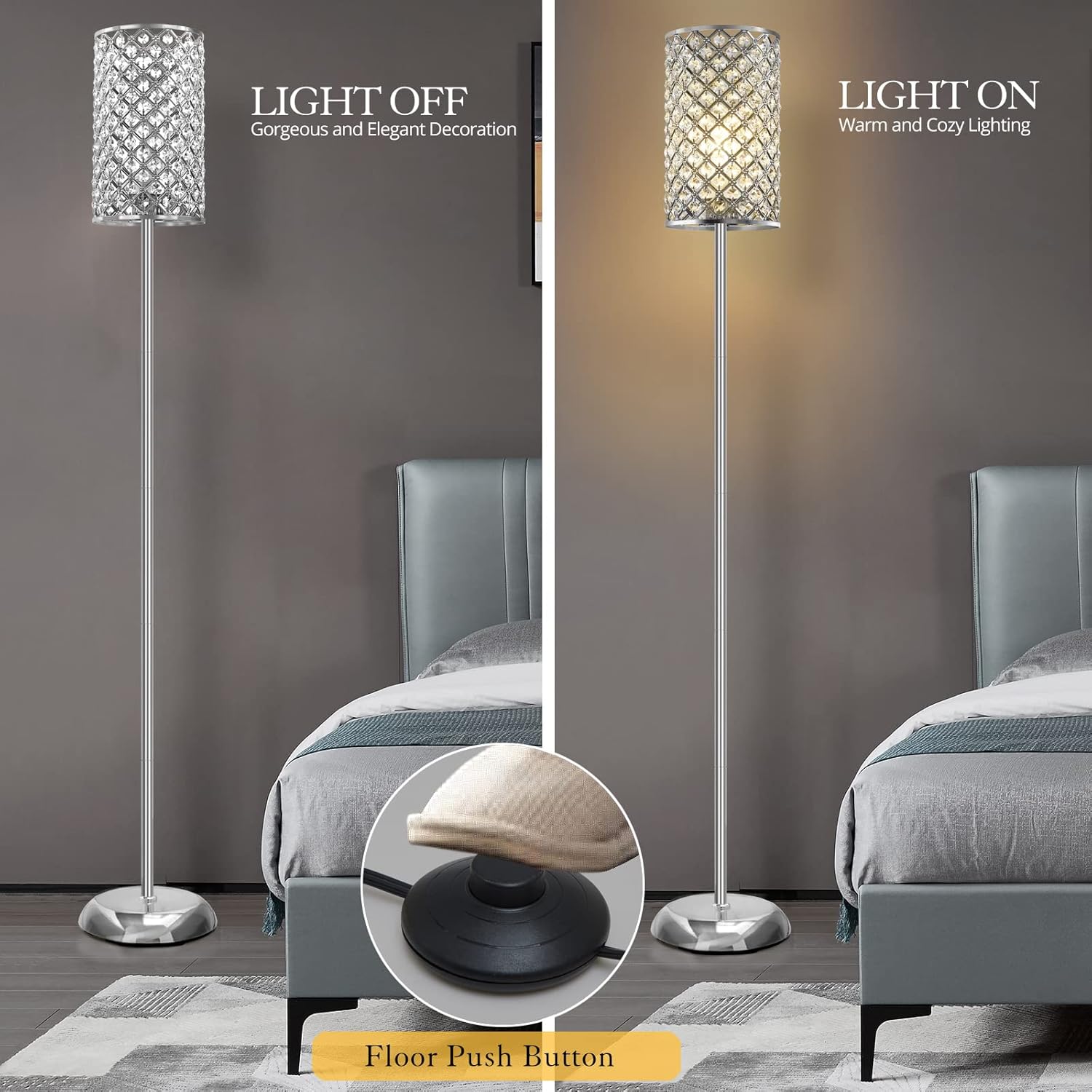 GyroVu Crystal Floor Lamp, Elegant Standing Lamp Modern Floor Lamp Silver Finish Tall Pole Lamp Accent Light with On/Off Foot Switch for Living Room, Girl Bedroom, Dresser, Office