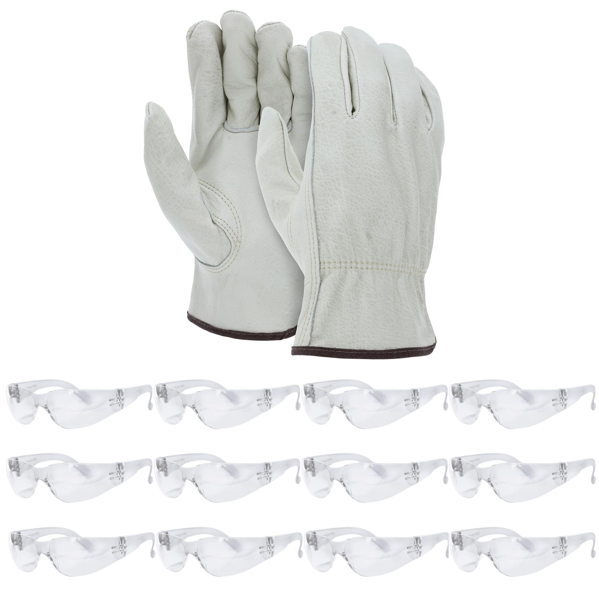 ATERET Work Bundle 12 Pairs Cowhide Leather Driver Work Gloves & Polycarbonate Safety Glasses (X-Large)