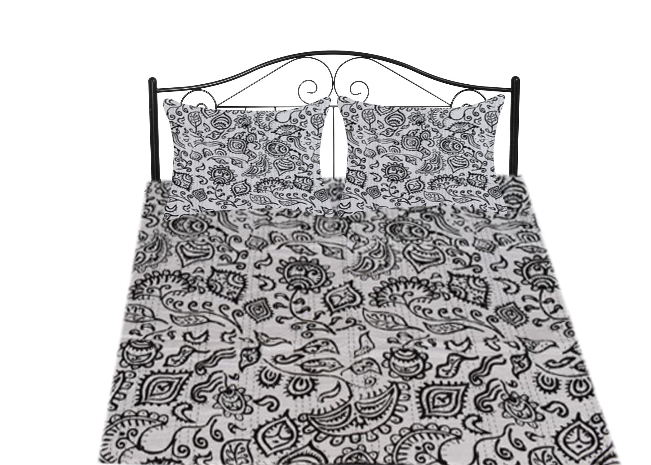 Sophia-Art Indian Feb India Reversible Bedspread Pattern Floral Print Bed Cover Gudri Pure Cotton Kantha Style Decorative Kantha Stitch Quilt (Black, King 90 * 108 Inches with sham Cover)