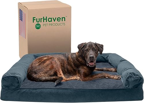 Miniatura 16 de Furhaven Cama para perro, de espuma viscoelástica, estilo sofá, Sherpa y chenilla, café, M (Piel sintética de lujo y lino) Carbón vegetal,(Piel