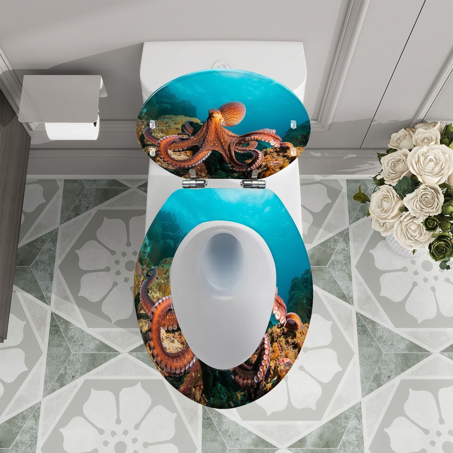 Elongated Toilet Seat octopus water coral Resin Toilet Seat Quietly Close Quick Release Hinges Decorative Toilet Seat with Cover Easy to Install
