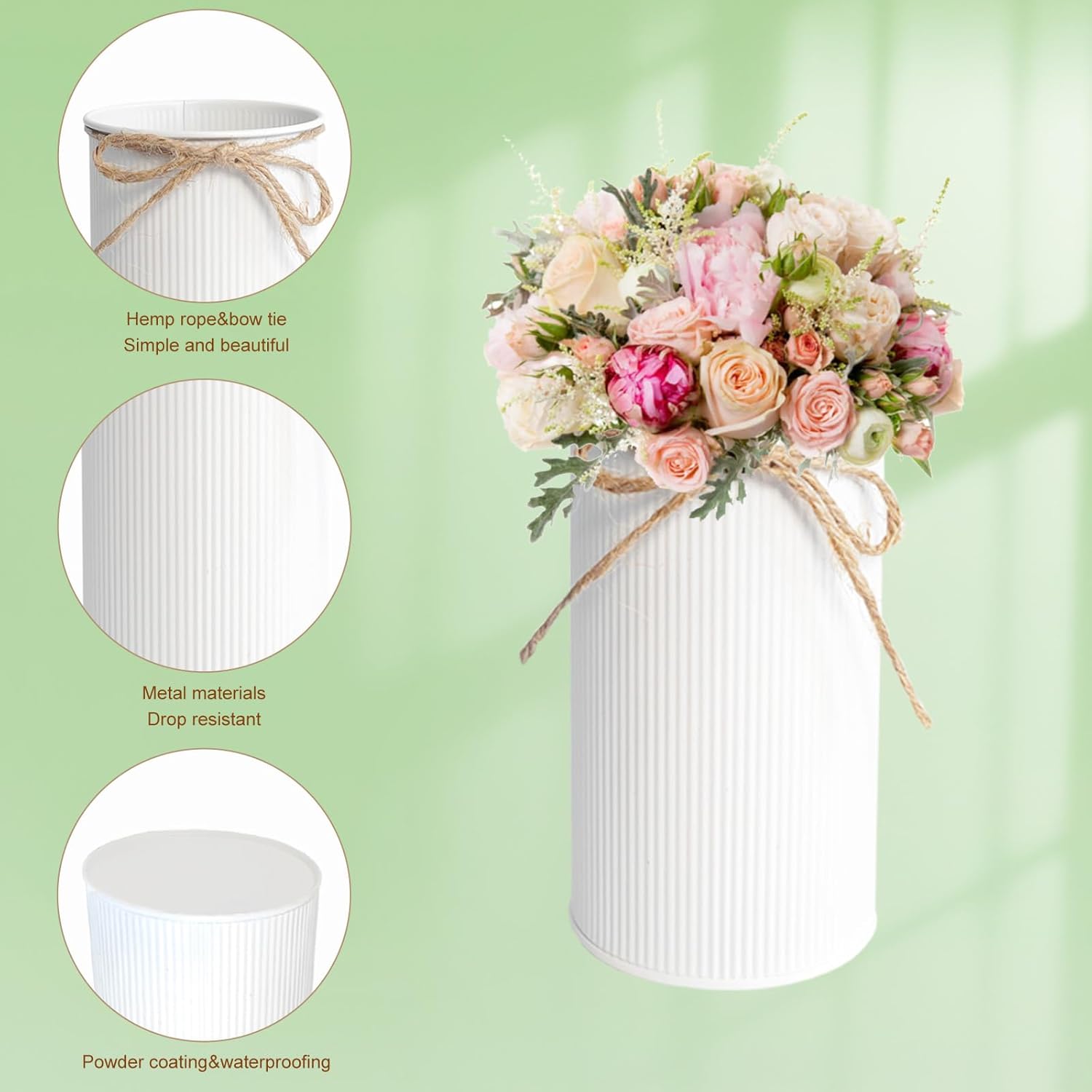 6" High Farmhouse Vases for Centerpiece, Rustic Mason Jars with Twine Bow for Flowers, Vintage Galvanized Metal Vase Tin Bucket for Wedding Home Decor (White, 12Pcs)