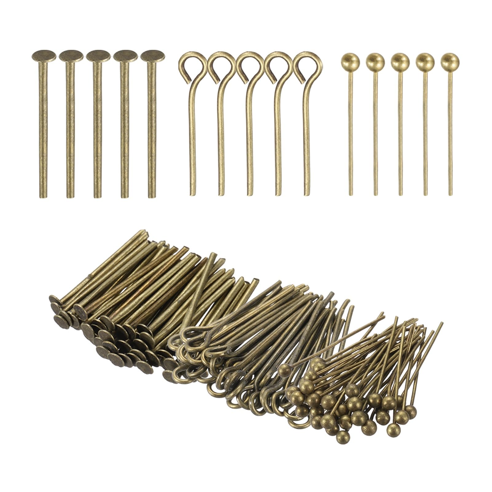 PATIKIL Head Pins Set for Jewelry Making, 600 Pcs 3 Styles 0.63" Flat Head & Ball Head Pins & Eye Pins Findings for DIY Necklaces, Earrings, Bracelets Making Supplies (Bronze)