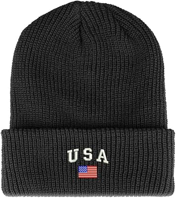 Trendy Apparel Shop American Flag and USA Embroidered Ribbed Cuffed Knit Beanie - Dark Grey