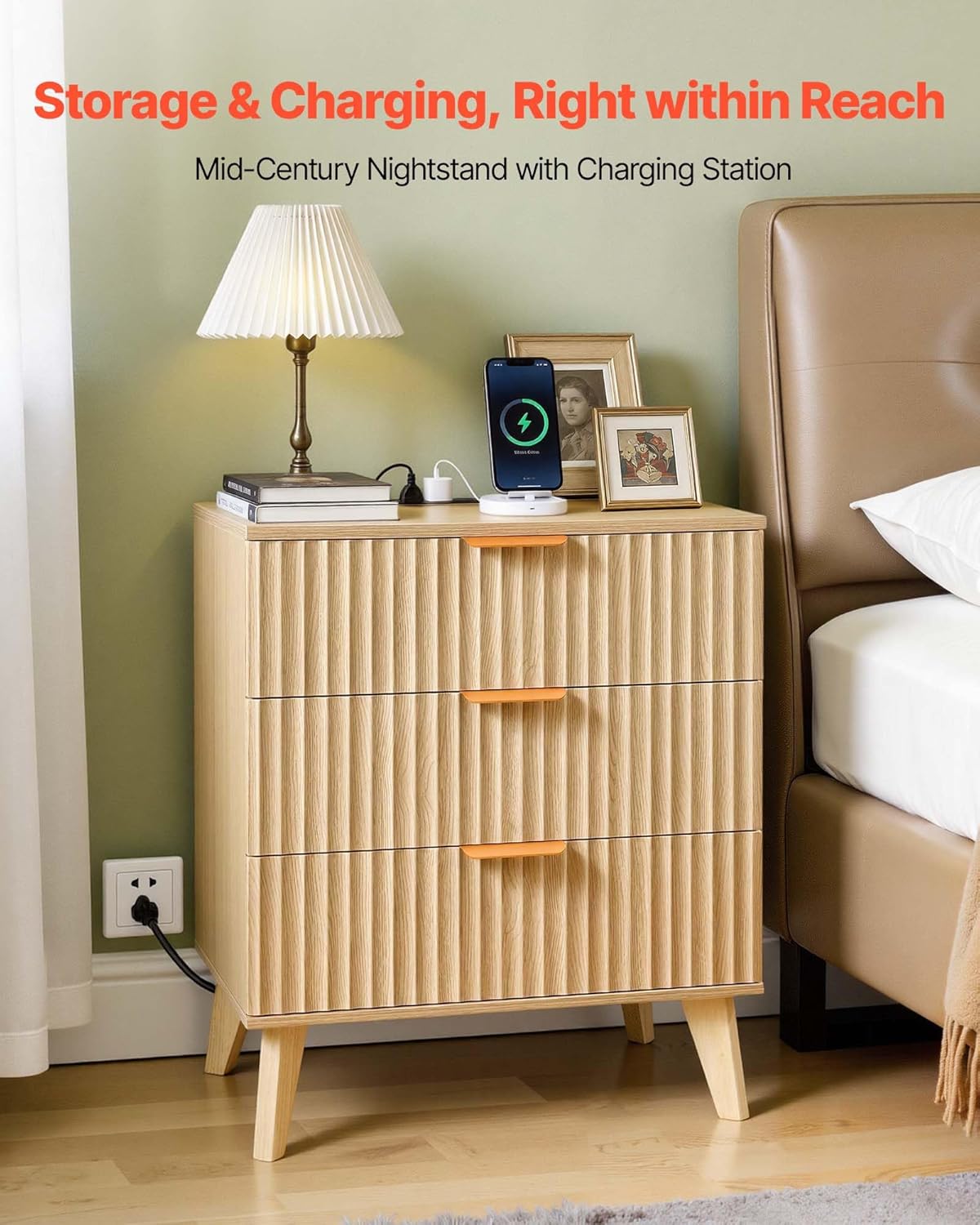 VEVOR Fluted Nightstand 3 Drawer Dresser, 24" Wide Bedside Table with Charging Station, Mid Century Modern Night Stand with Metal Handle, USB-A/Type-C Ports, Wood Bed Side Table for Bedroom