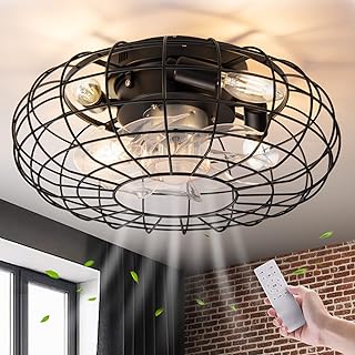 16'' Low Profile Small Flush Mount Farmhouse Industrial Caged Ceiling Fan with Lights, 6 Speed Bladeless Black Ceiling Fan with Remote Control for Living Room, Bedroom, Kitchen, Dining Room