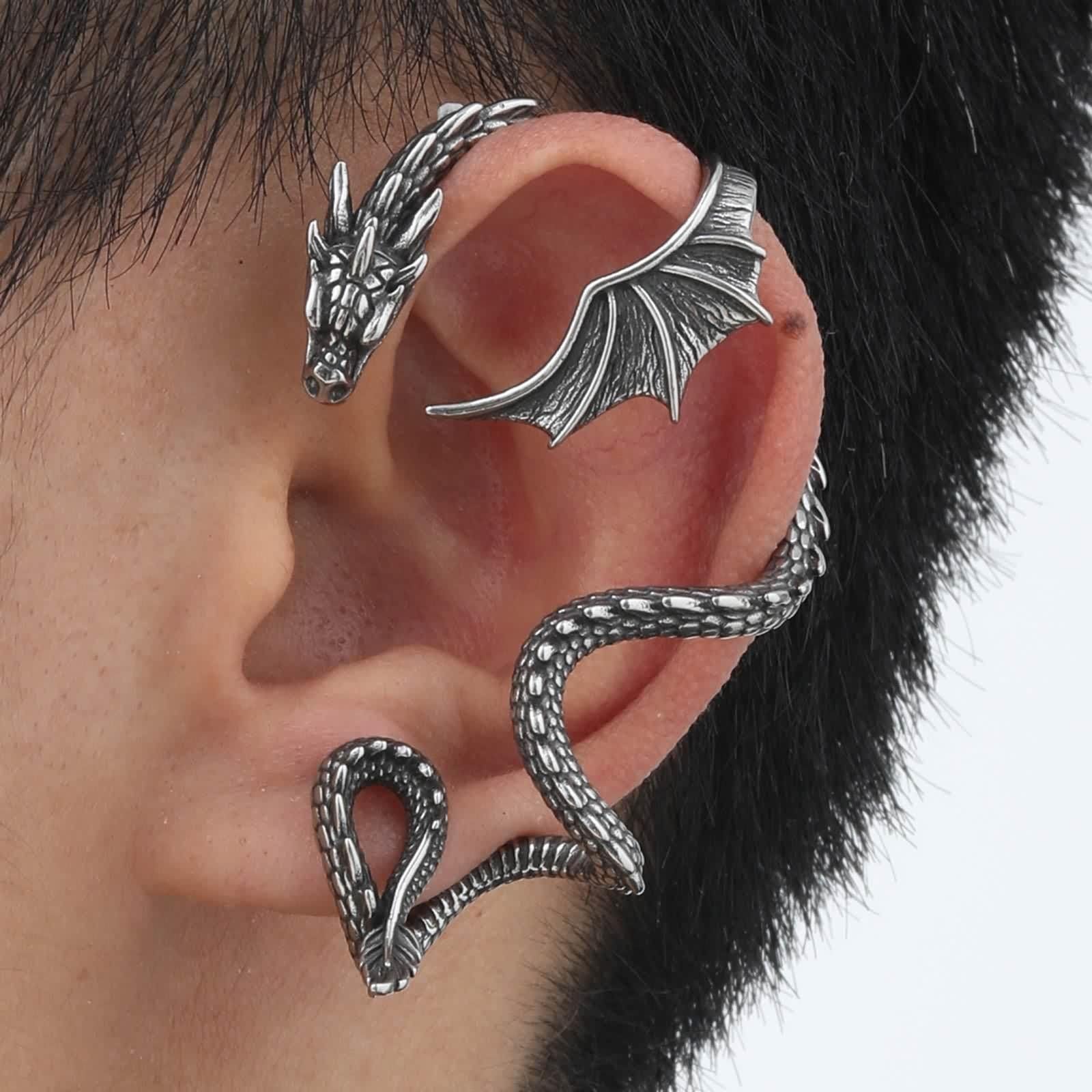 Edelstahl Ohrringe Herren, Drachen Ohrringe Silber Vintage Ohrstecker Männer Punk Ohrmanschette Gothic 1 Stück