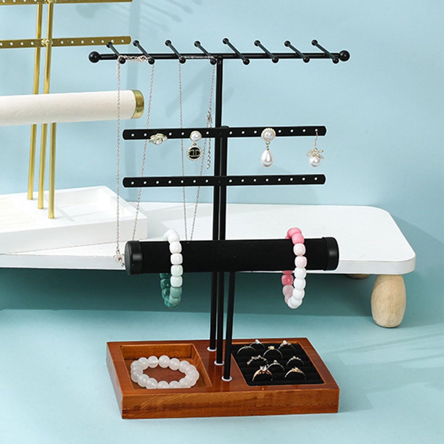 Luocute Metal Jewelry Stand Necklace Display Holder, Creative Layered Tree Organizer with Ring Tray, for Earrings Bracelet Shop Live Stream Boutique (Black Multi-purpose Jewelry Storage Rack)