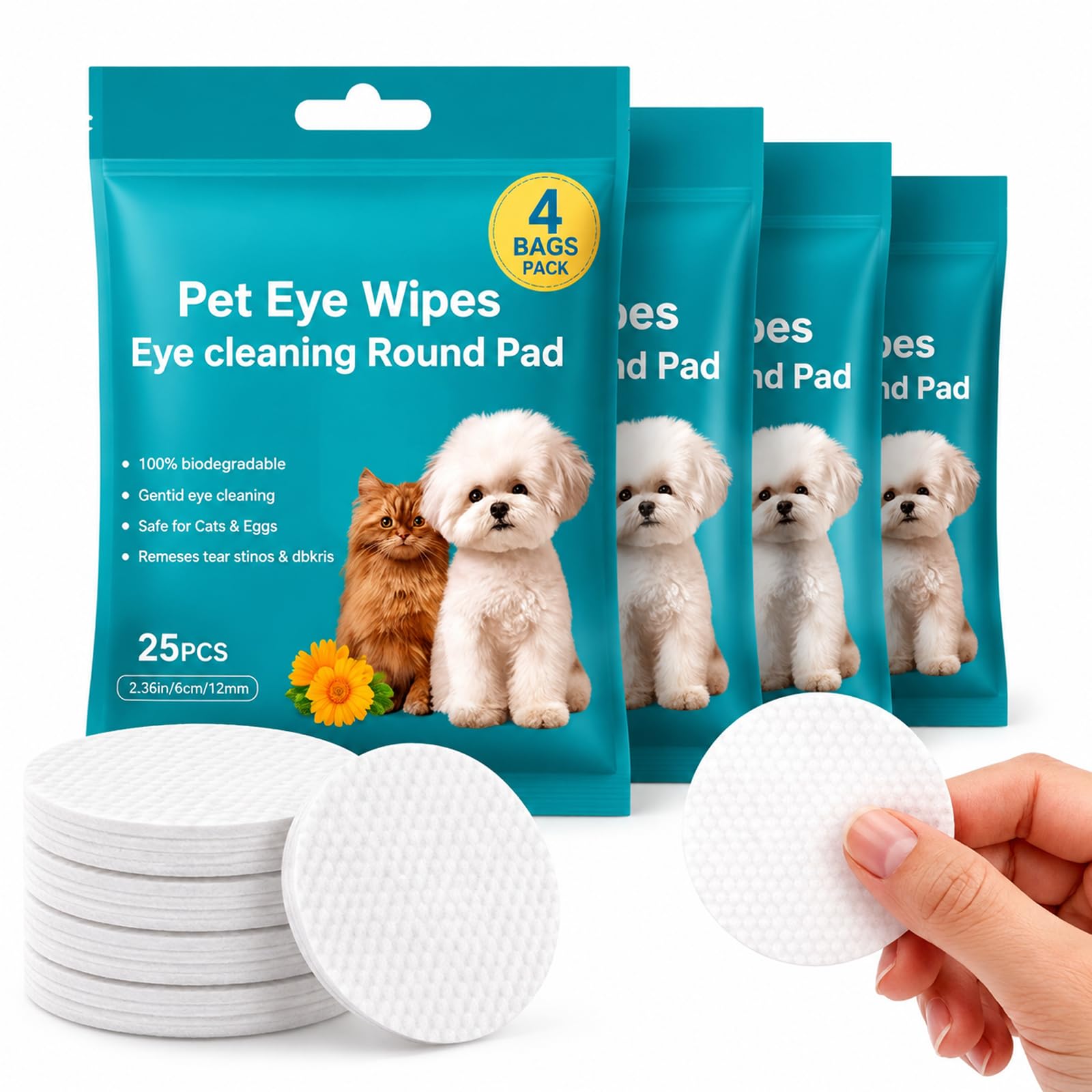 SEGXN 100 Pack Biodegradable Pet Eye Wipes, Natural Tear Stain Remover Wipes for Dogs & Cats - Gentle Eye Cleaning Wipes for Removing Tear Stains, Eye Dirt, Crust & Discharge (100pcs)