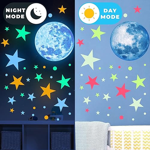Miniatura 5 de Calcomanía de pared para techo de estrellas y luna que brilla en la oscuridad, calcomanías de pared coloridas con galaxia para niños, niñas,