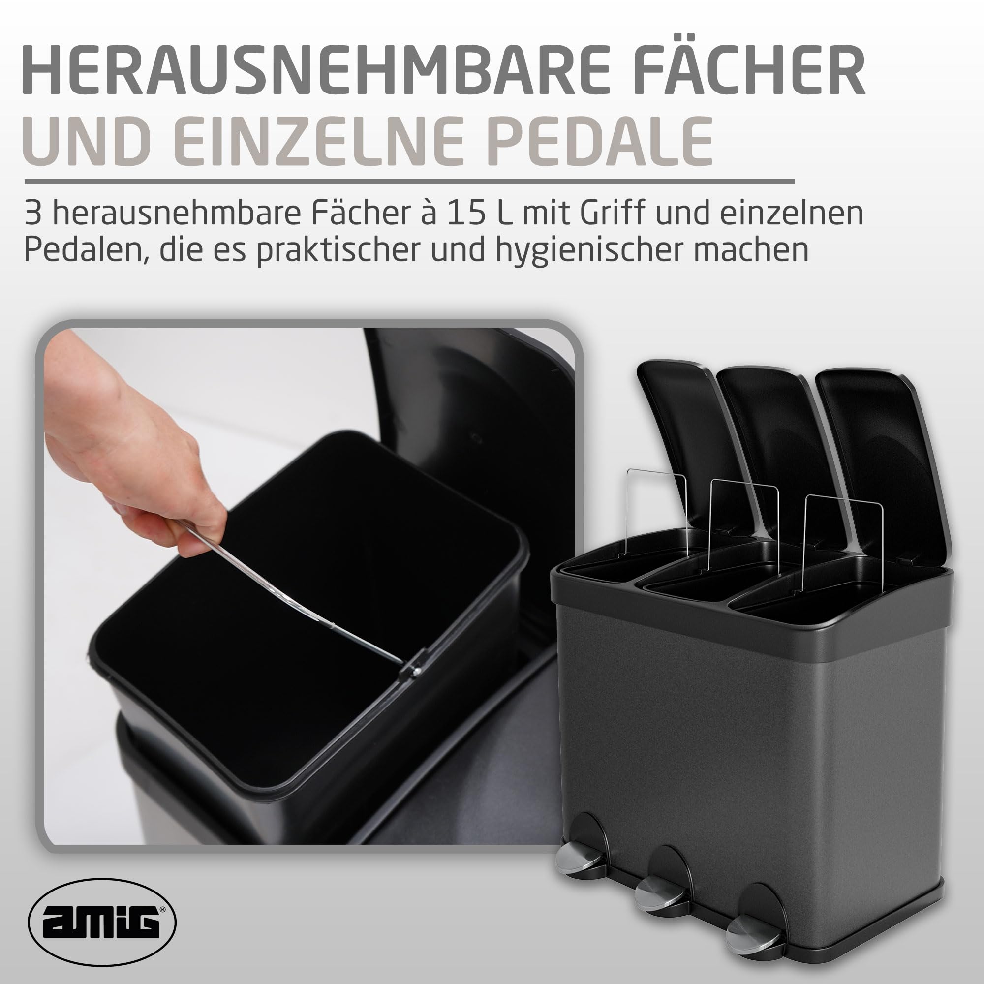 Amig - Dreifacher Mülleimer mit Pedalen 45 Liter Mod. RECIK3-3 herausnehmbare 15-Liter-Fächer - Recyclingbehälter für die Küche - Stahl - 60 x 37 x 49 cm - Mattschwarz