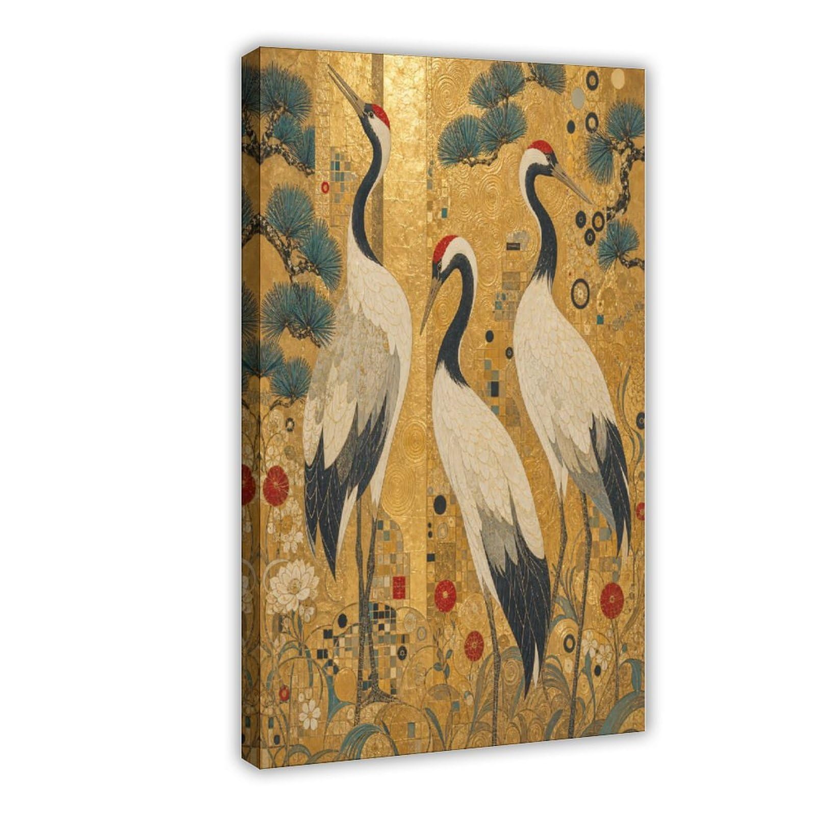 H3b8u2y5 Frame-Style-12 Cranes Pine Trees Canvas Wall Art, Japanese Woodblock Style
