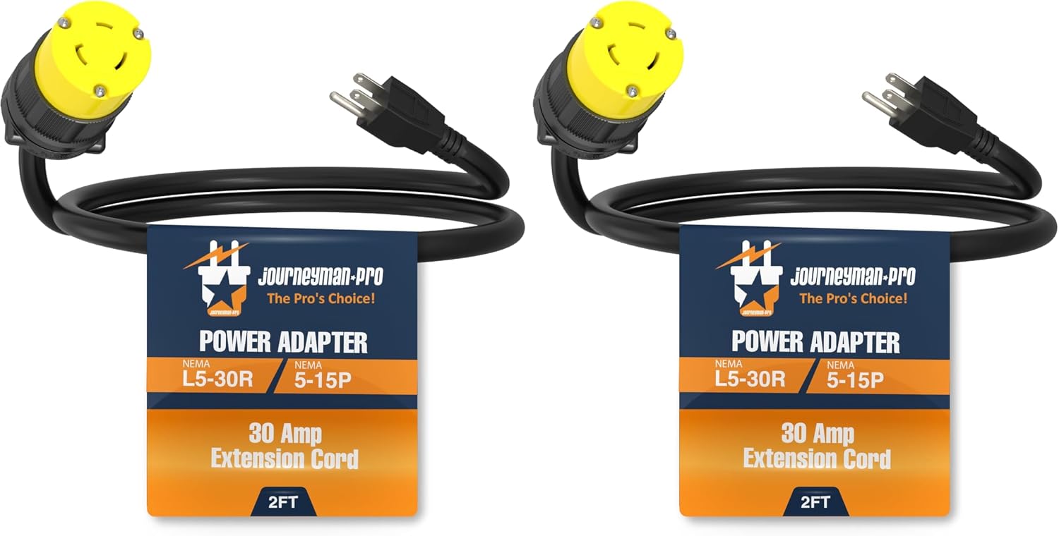 15 to 30 Amp 110 Volt RV Power Cord Adapter by Journeyman Pro, 15A Male Plug (5-15P) Converts to 30A Female Connector (TT-30R) 24 Inch Inline Extension (15Male-30Female (L5-30R))