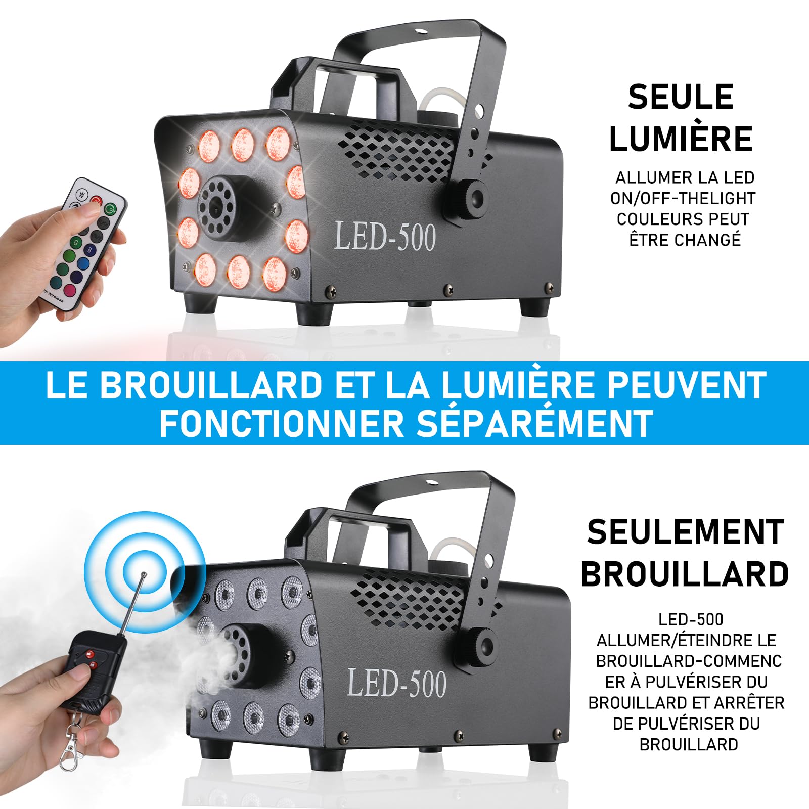 MAMIZO Machine à Fumée 500W, Machine à Brouillard Portable avec Télécommandes avec 13 Couleurs 10 LED Lumières RGB, Machine Fumee pour Halloween Noël Mariages Étapes Fêtes DJ et Spectacles
