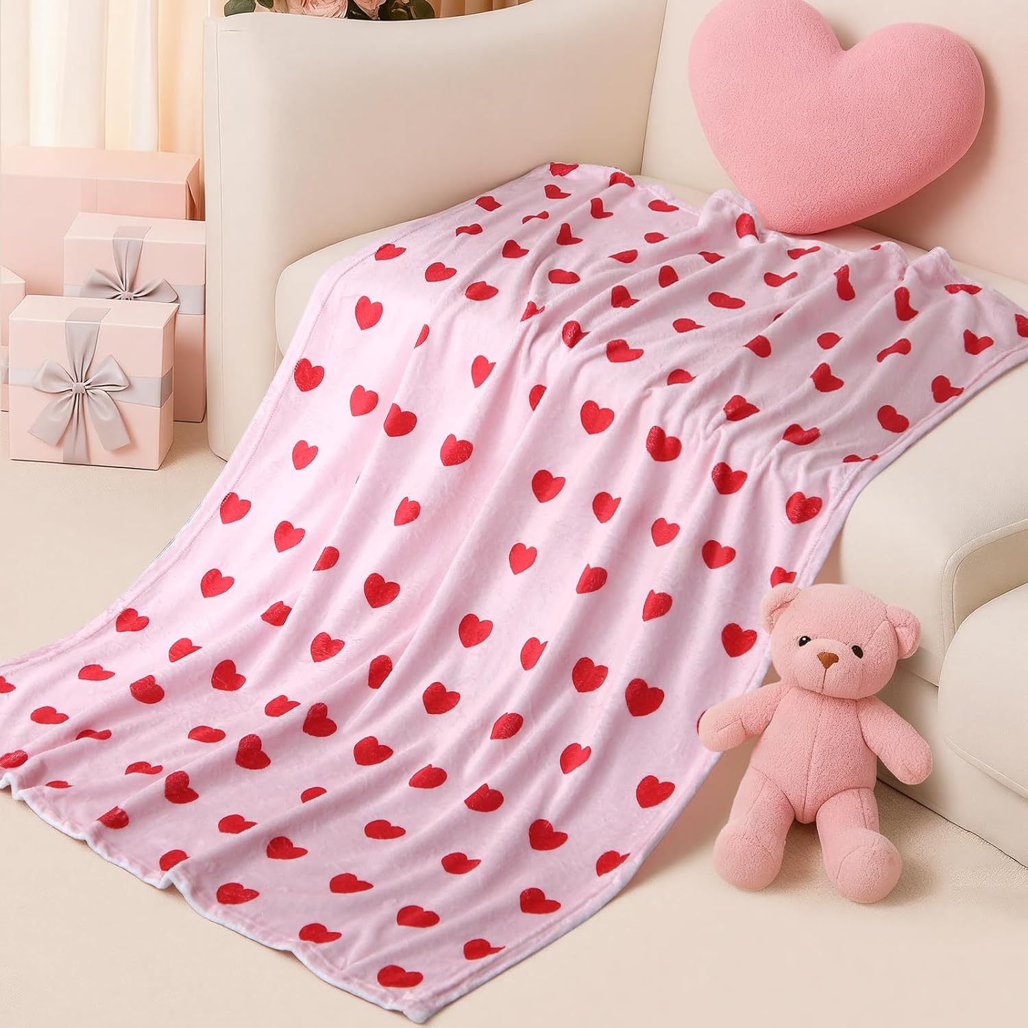 Eurzom 4 Pack Valentine’s Day Throw Blankets 40 x 50 Inches Soft Flannel Throws Cozy Heart Pattern Blankets for Sofa Couch Car Couples Pets Valentine Gifts Home Decor - Image 6