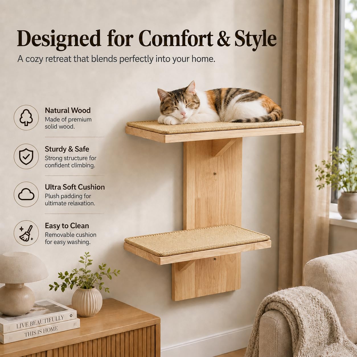 Mur d'escalade pour chat, mur d'escalade pour chat, arbre en caoutchouc massif avec tapis en sisal ergonomique, montage mural stable, arbre à chat étagère murale pour grimper et jouer