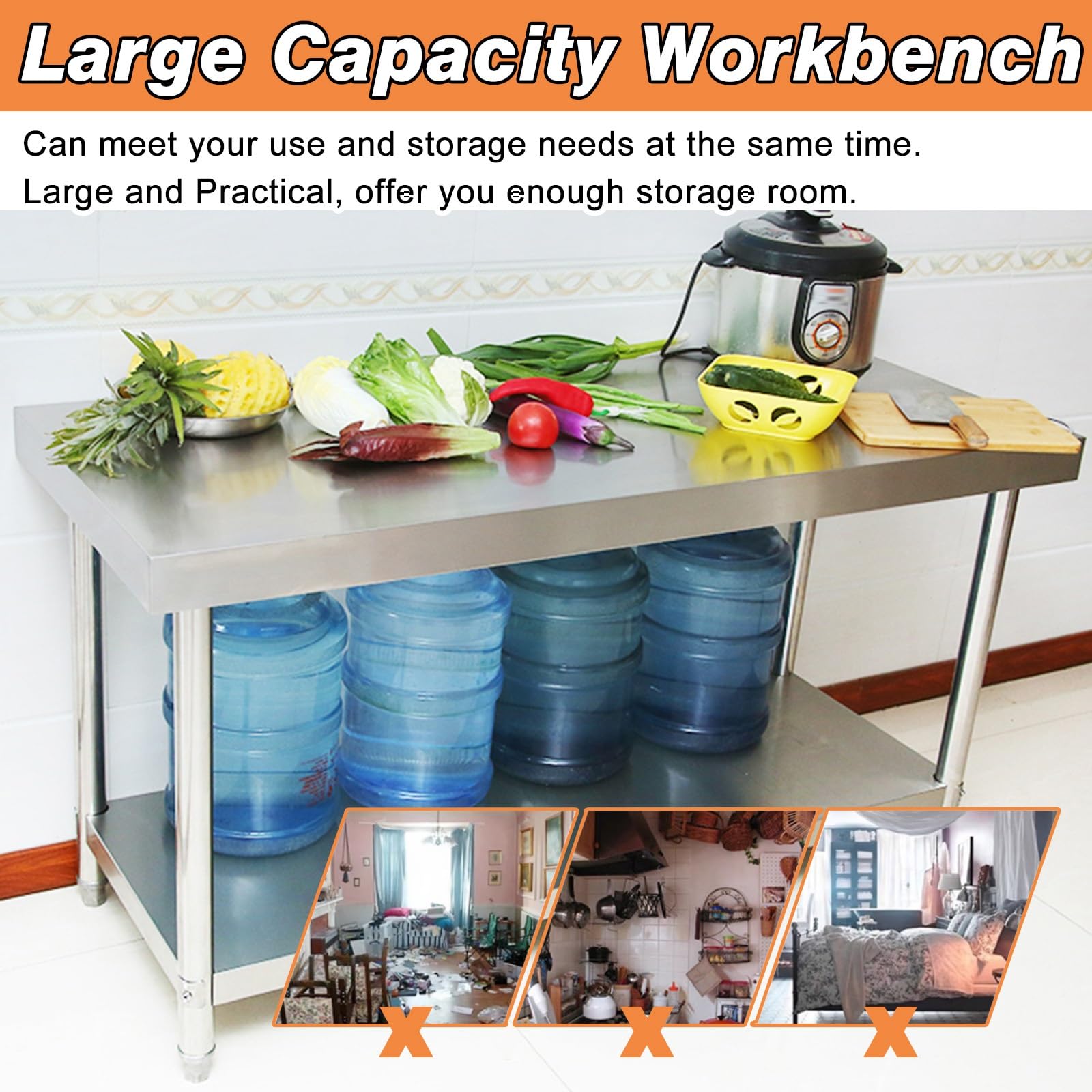 Mesa de trabajo de acero inoxidable, banco de preparación de cocina, 7 cm de grosor, ideal para taller, lavandería, garaje y catering