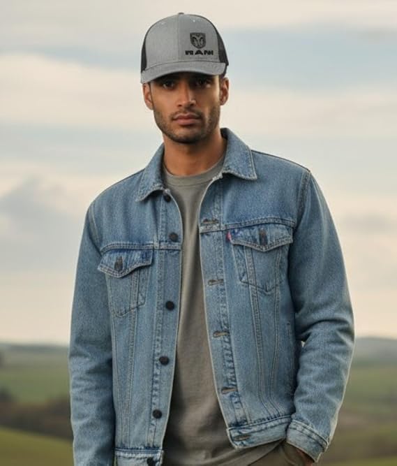 RAM Trucks Snapback Trucker Hat Embroidered Logo, Adjustable Fit, Brushed Cotton Twill, Mid-Profile Cap Heather Grey/Black