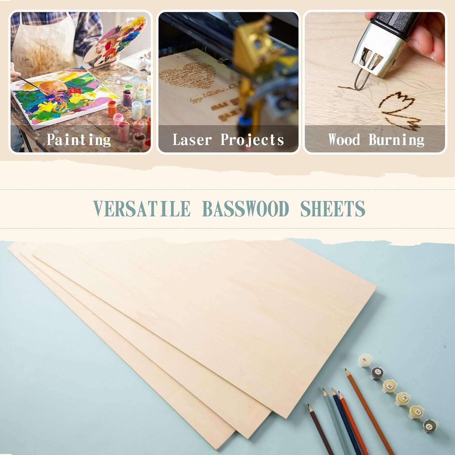 6 Pack 12 x 20 x 1/4 Inch-6mm Thick Basswood Sheets for Crafts Unfinished Plywood Sheets Boards Square Crafts Wood Sheets for DIY Laser Projects, Wood Burning, Engraving, Staining, Architectural Mode