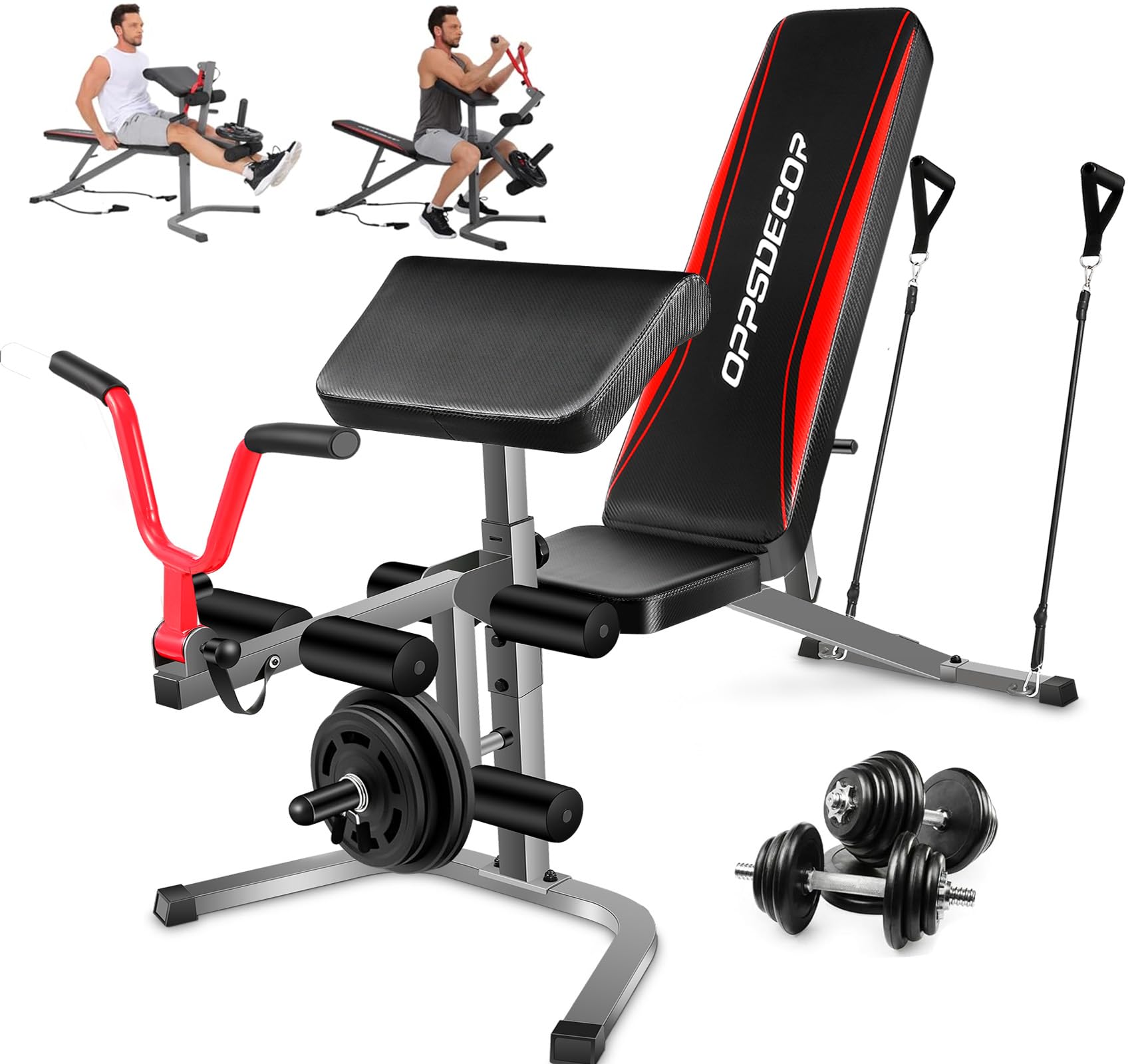 Adjustable Weight Bench Set with Leg Extension & Leg Curl, 900LBS Incline/Decline/Flat Preacher Curl Bench, Space-Saving Workout Bench for Home Gym