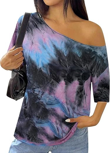 SOFIA'S CHOICE Women's Summer Off The Shoulder Tops Tie Dye Shirts Short Sleeve Oversized Tshirts