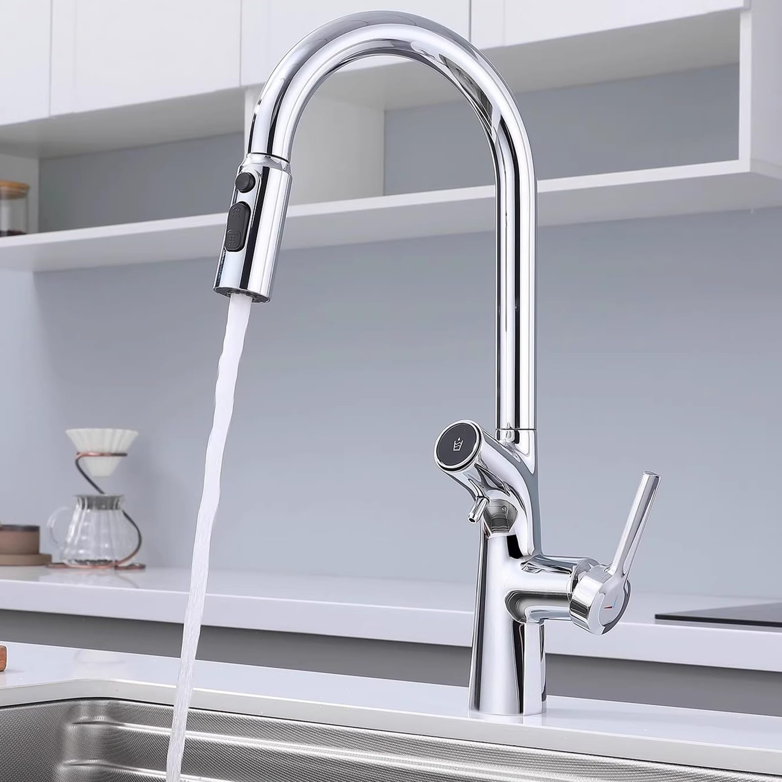 Brass 3-Way Kitchen Mixer Tap with Pull-Out Spray & Filter, 360° Swivel Single Hole Sink Faucet (Hot/Cold/Pure Water) (Chrome Plated)