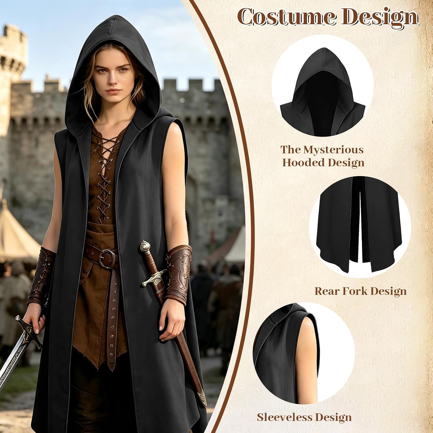 Medieval Hooded Sleeveless Surcoat Women Assassin Cloak