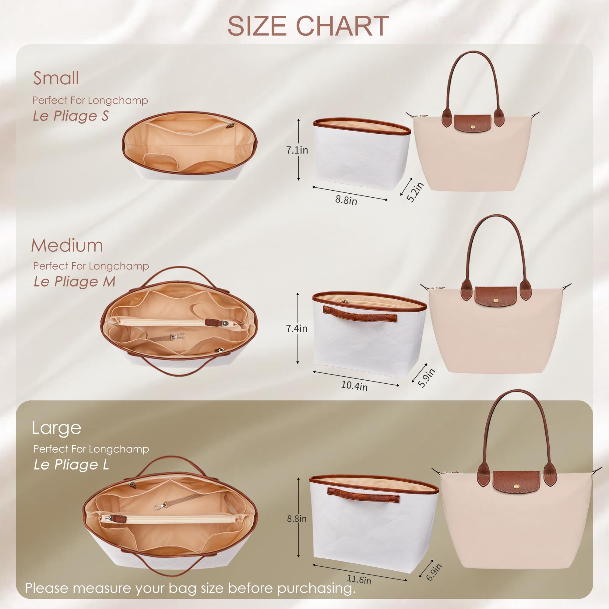 KALIDI Organizer per borse Longchamp Le Pliage, in feltro, impermeabile, con tasche multifunzionali, grande