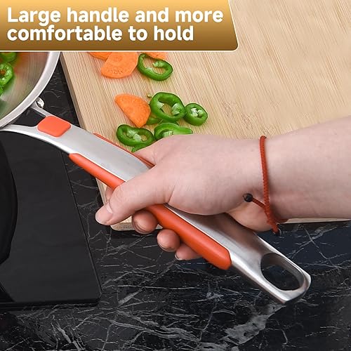 Miniatura 10 de Inqibee Sartén grande de acero inoxidable de tres capas de 14 pulgadas, sartén de inducción, apta para lavavajillas y horno.