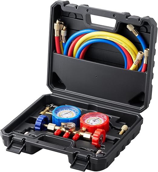 VEVOR AC Gauge Set, 3-Way AC Manifold Gauge Set for R134A, R22, R12, R502 Refrigerants – Freon Gauges Include 5 ft Hoses, Couplers, and Can Tap for Car Auto Freon Charging and Evacuation