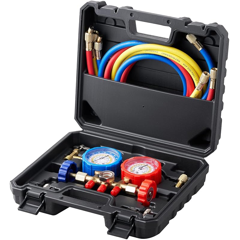 VEVOR Kit de Manifold de Ar-Condicionado com 3 Válvulas para R134A, R22, R12 e R502, Mangueiras de 1,52 m, Engates e Adaptador