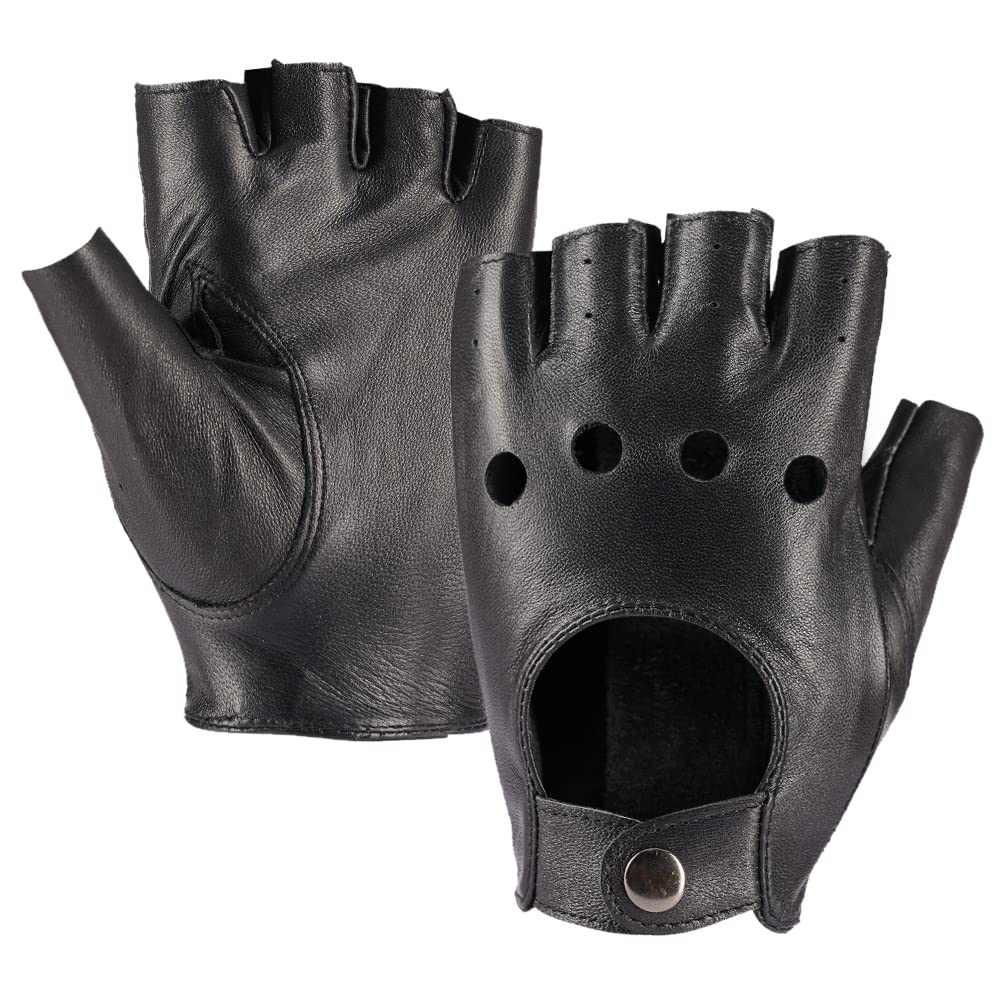 Mens Fingerless Leather Driving Gloves Half Finger Cycling Motorcycle
