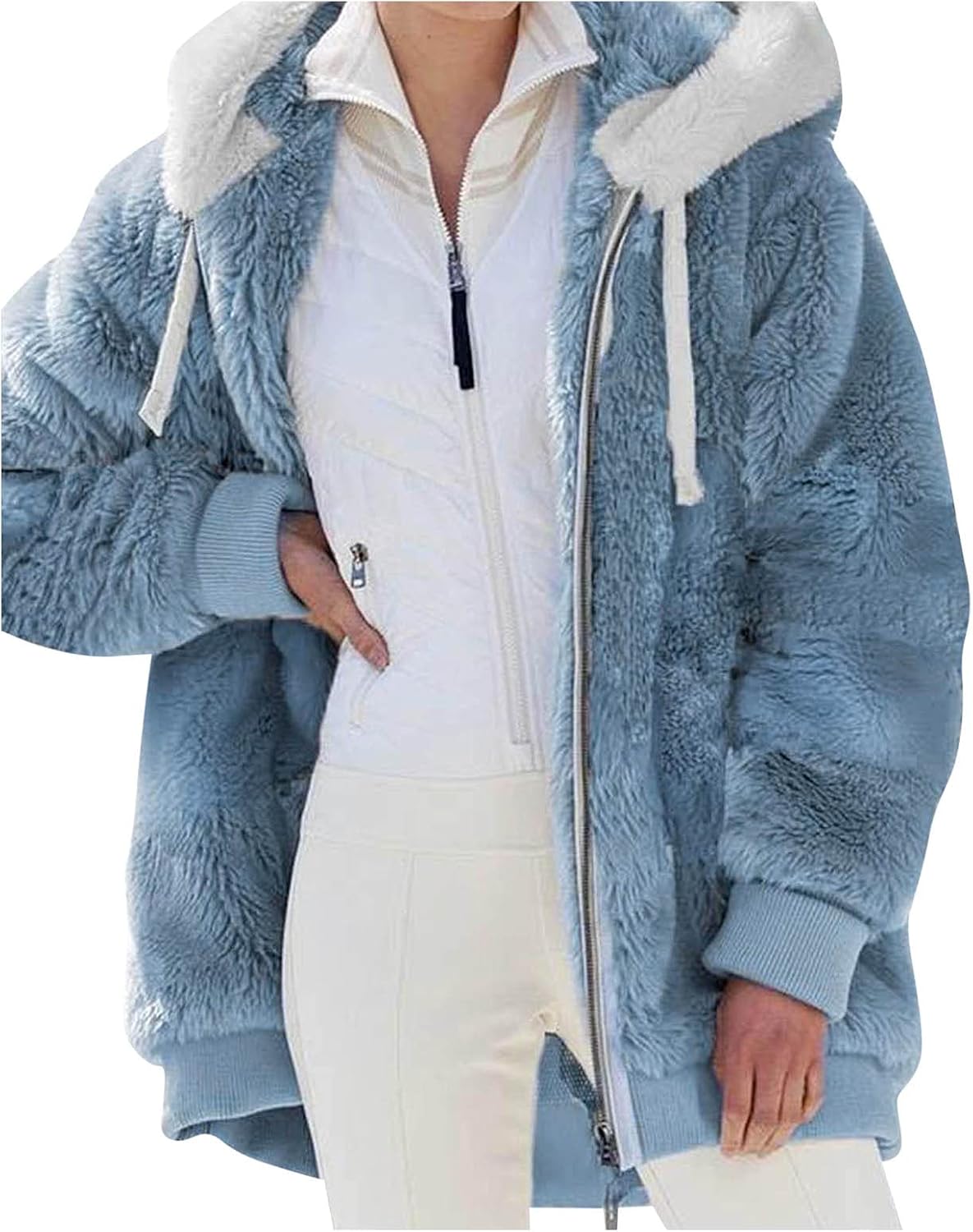 Womens Fuzzy Fleece Jacket Open Front Hooded Color Block Patchwork Cardigan Coats Outwear with Pockets : Clothing, Shoes & Jewelry