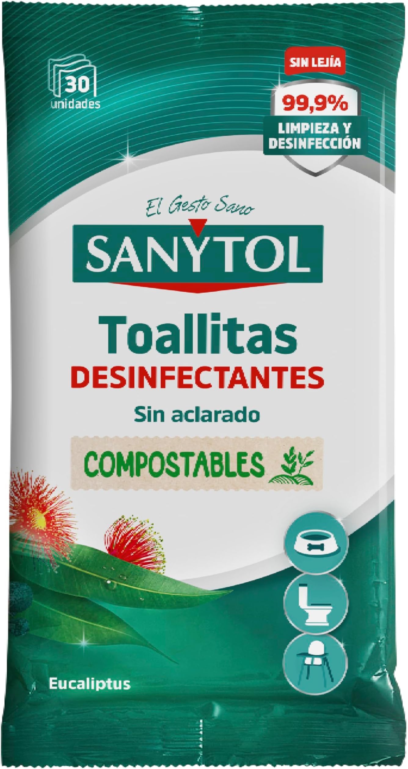 Sanytol – Toallitas Desinfectantes Multiusos, Eliminan Bacterias, Hongos y Virus Sin Lejía, Perfume Eucaliptus - 30 Toallitas (Paquete de 5)