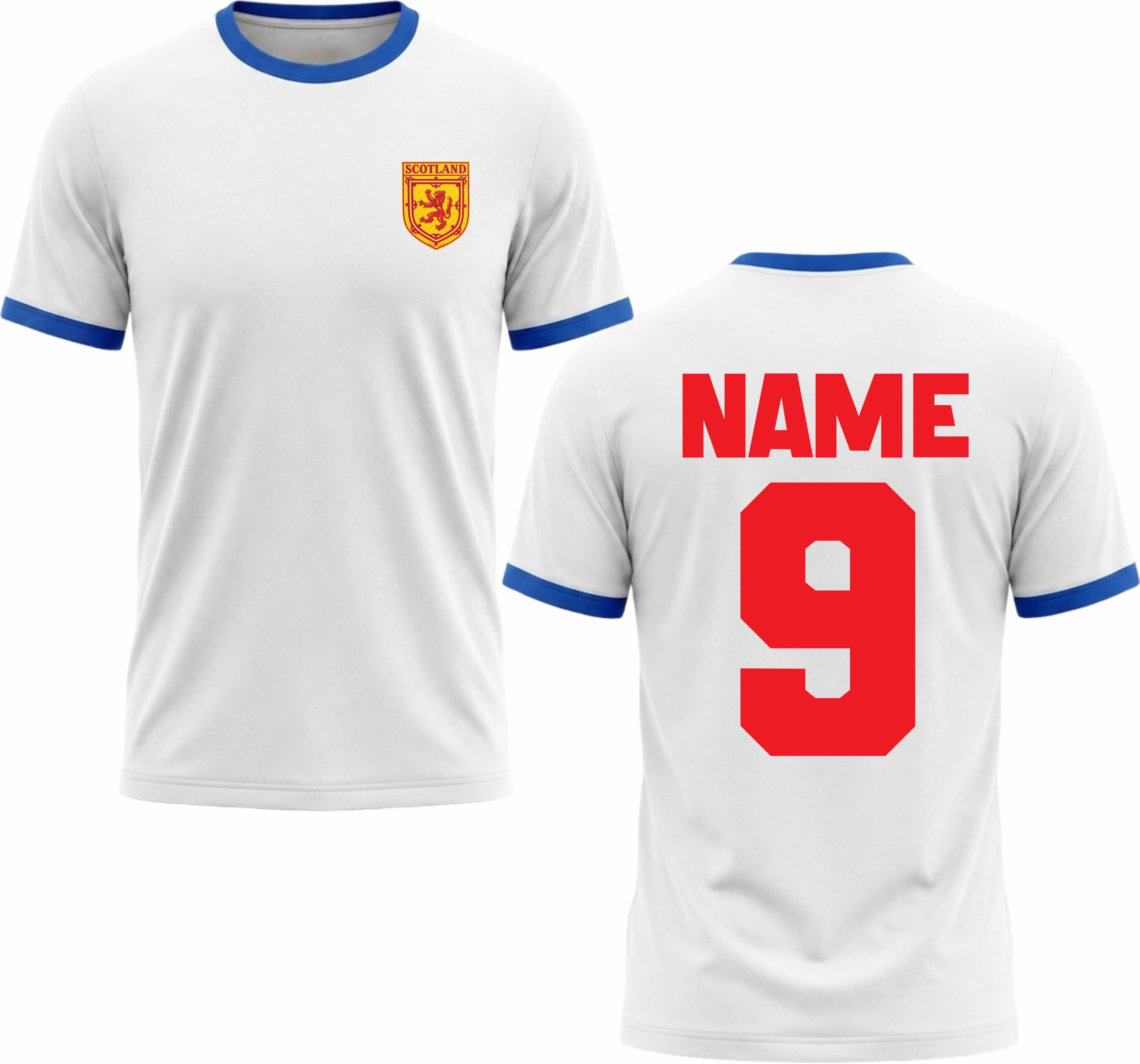 Customised Scotland Football Ringer T-Shirt Personalised Scottish Football Jersey Soccer Supporter Gift Tee White/Royal