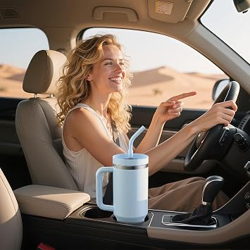 LEIKEEGO Travel Mug Coffee Cup, 1200ml/40oz Tumbler with Straw and Lid, Stainless Steel Double Wall Vacuum Insulated Coffee Cup with Handle-Keeps Cold for 24H-Hot for 12H(Blue)