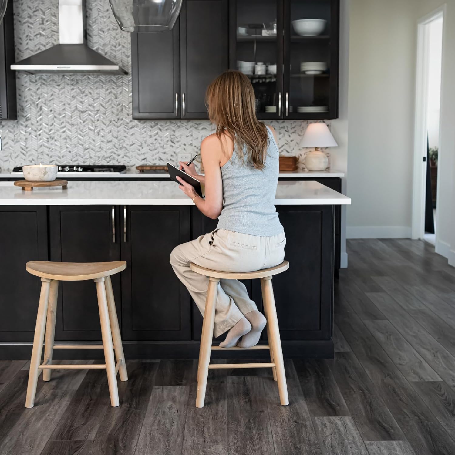 Maven Lane Luna Counter Stool Set of 2 – 26 Inch Round Stools with Footrest – Natural Solid Wood – Space-Saving Design for Kitchen Counters & Islands, Ideal for Apartments, Dorms & Compact Living