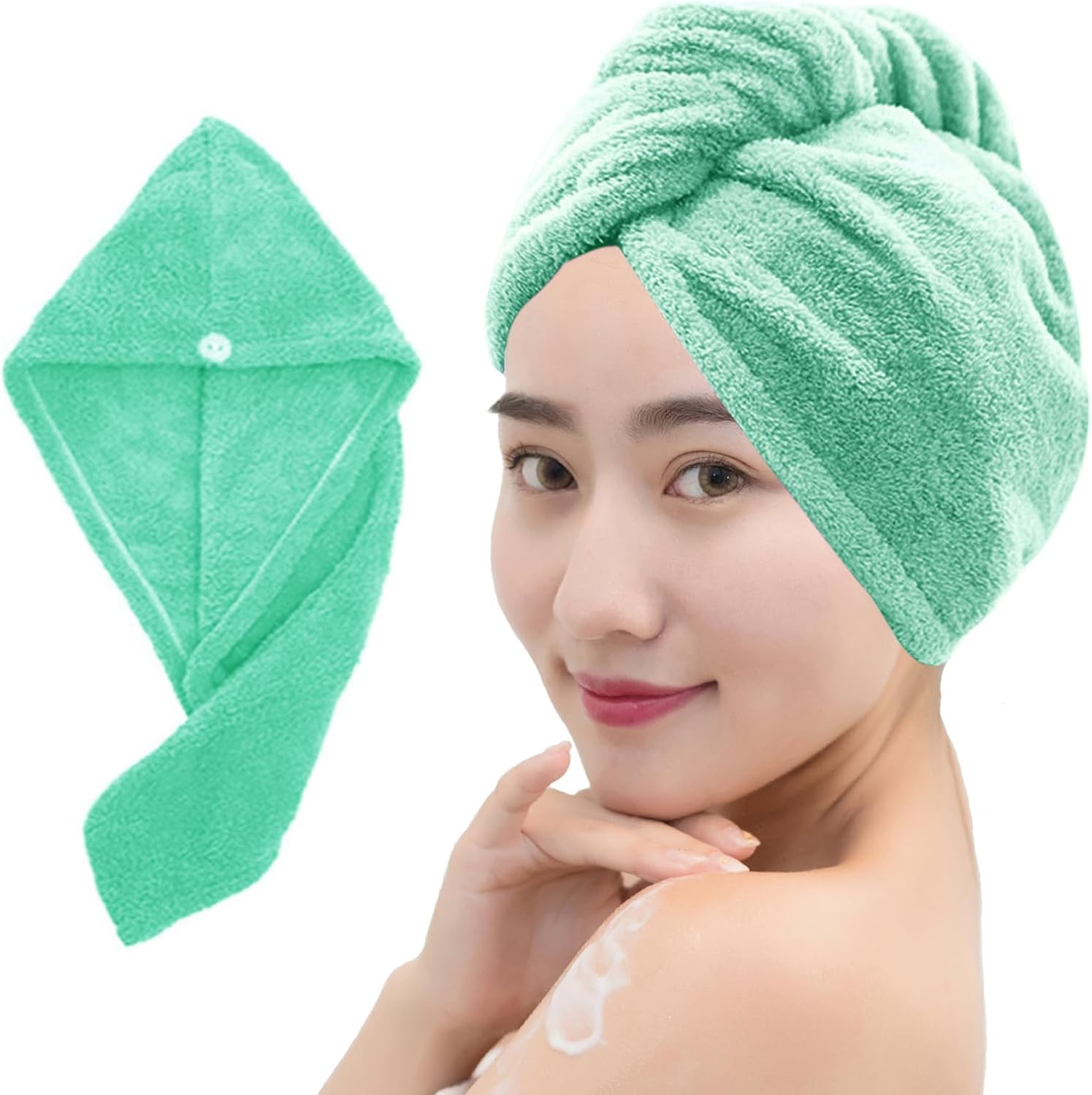 Microfiber Hair Towel Wrap for Women - 10 X 26 Inch Super Absorbent Quick Dry Hair Turban, Drying Wraps for Curly & Thick Hair - Green