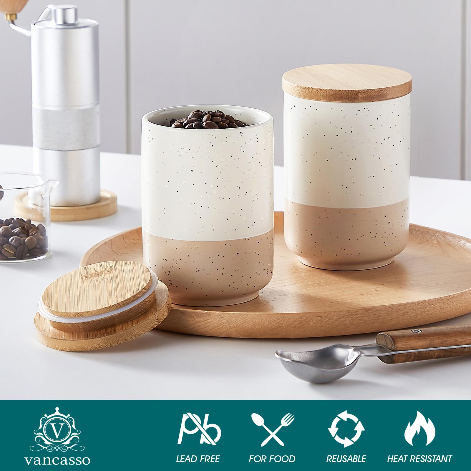 vancasso Sabine Barattoli di Cucina Ermetici con Coperchio da 600 ML, Barattoli per Sale Zucchero Caffè in Gres, Vasetti Cucina per Caffè/Tè/Zucchero/Spezie/Farina/Fagioli, Set di 4