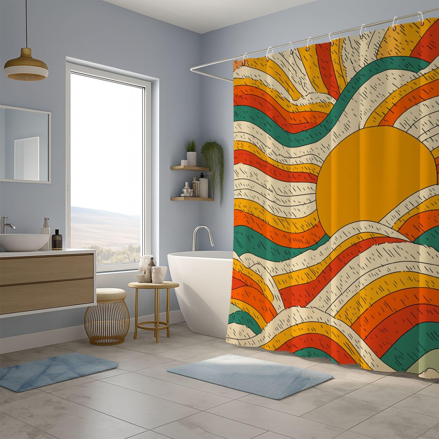 Generico Vintage Tenda Da Doccia Fantasia Linee Sole Beige, Tenda Da Doccia Per Bagno, Vasca Da Bagno, Tenda In Poliestere Impermeabile Con Ganci In Plastica, 200 x 200 cm