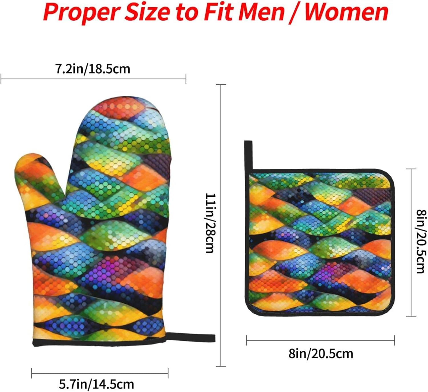 Rainbow Fish Scale Oven gloves and heat-resistant mat 4-piece set. Suitable for grilling, microwave oven frying, and baking